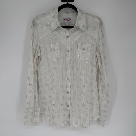Roper Tops - Roper Shirt Large Womens White Metallic Western Coastal Cowgirl Pearl Snaps